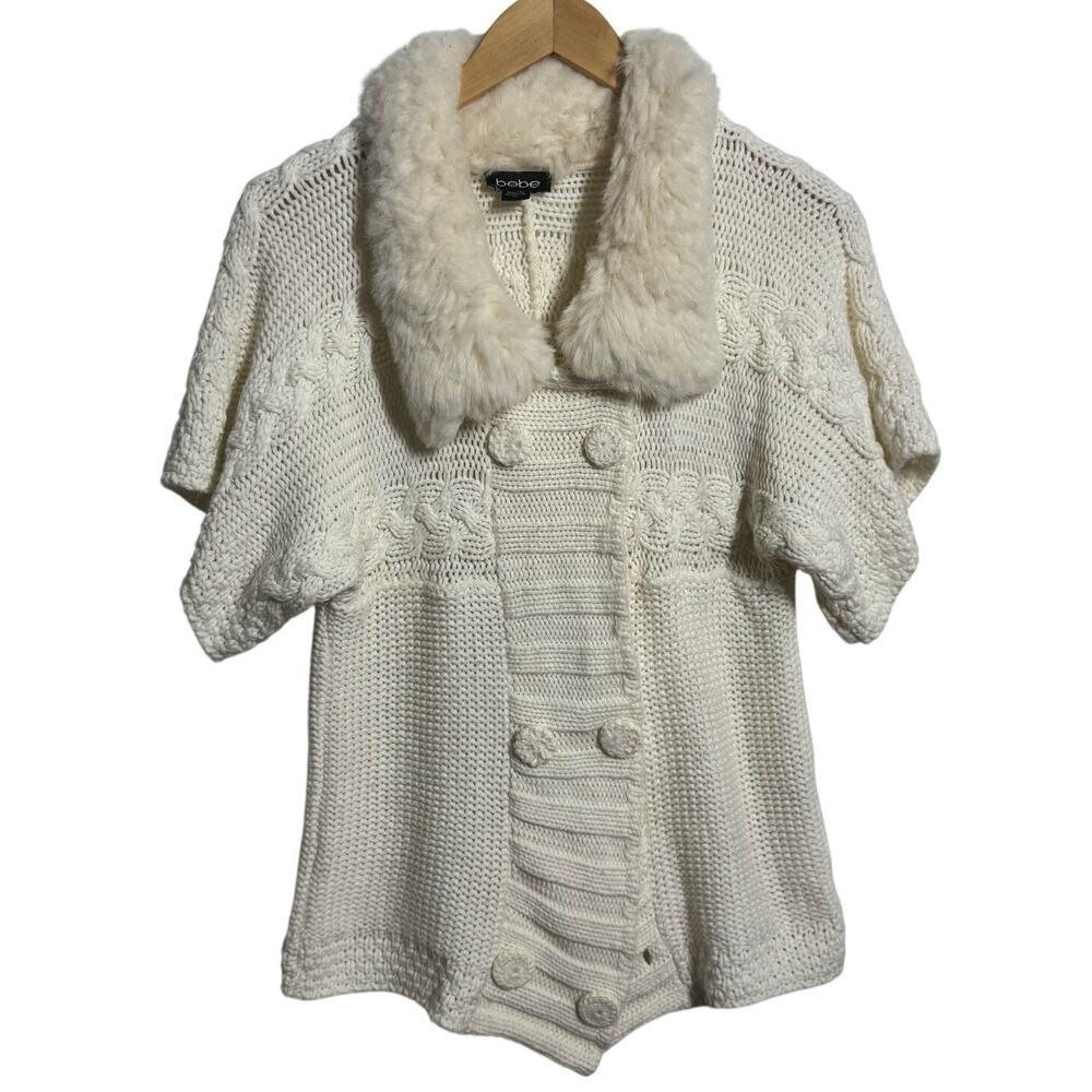 Bebe Faux Fure Collar Cardigan Sweater Women M Cream‎ Chunky Y2K Bratz Preppy